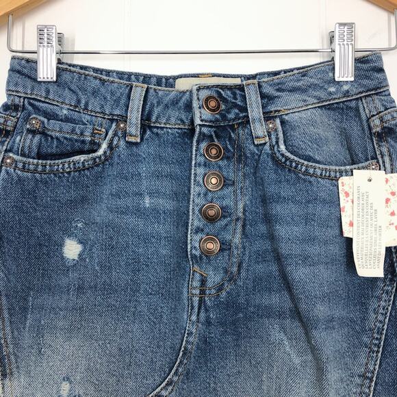 Free People Denim Skirt Mini Distressed A-Line Exposed Button Fly Size 25 Blue - Picture 2 of 13